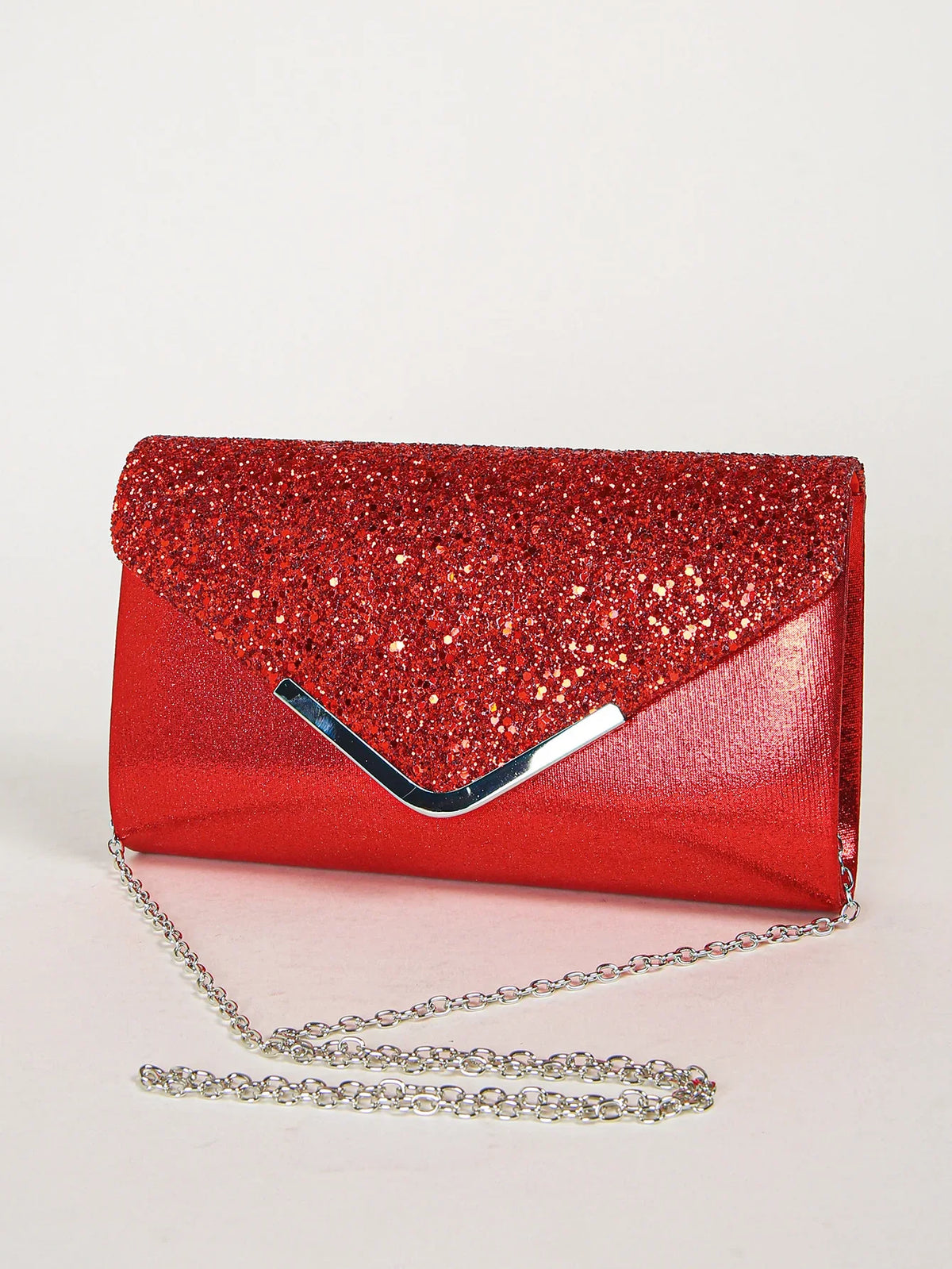 Women evening envelope handbag by Mohammad Collection featuring sequins, chain shoulder strap, and elegant clutch design for parties.