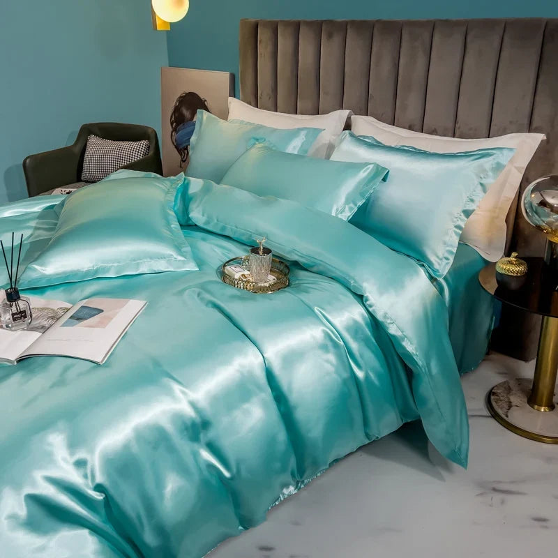 Luxury solid silk bedding set with duvet cover, bedsheet, and rayon satin pillowcases from 𝕄𝕔 𝕋𝕙𝕖 𝔹𝕝𝕒𝕔𝕜 𝔻𝕚�