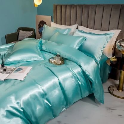 Luxury solid silk bedding set with duvet cover, bedsheet, and rayon satin pillowcases from 𝕄𝕔 𝕋𝕙𝕖 𝔹𝕝𝕒𝕔𝕜 𝔻𝕚�