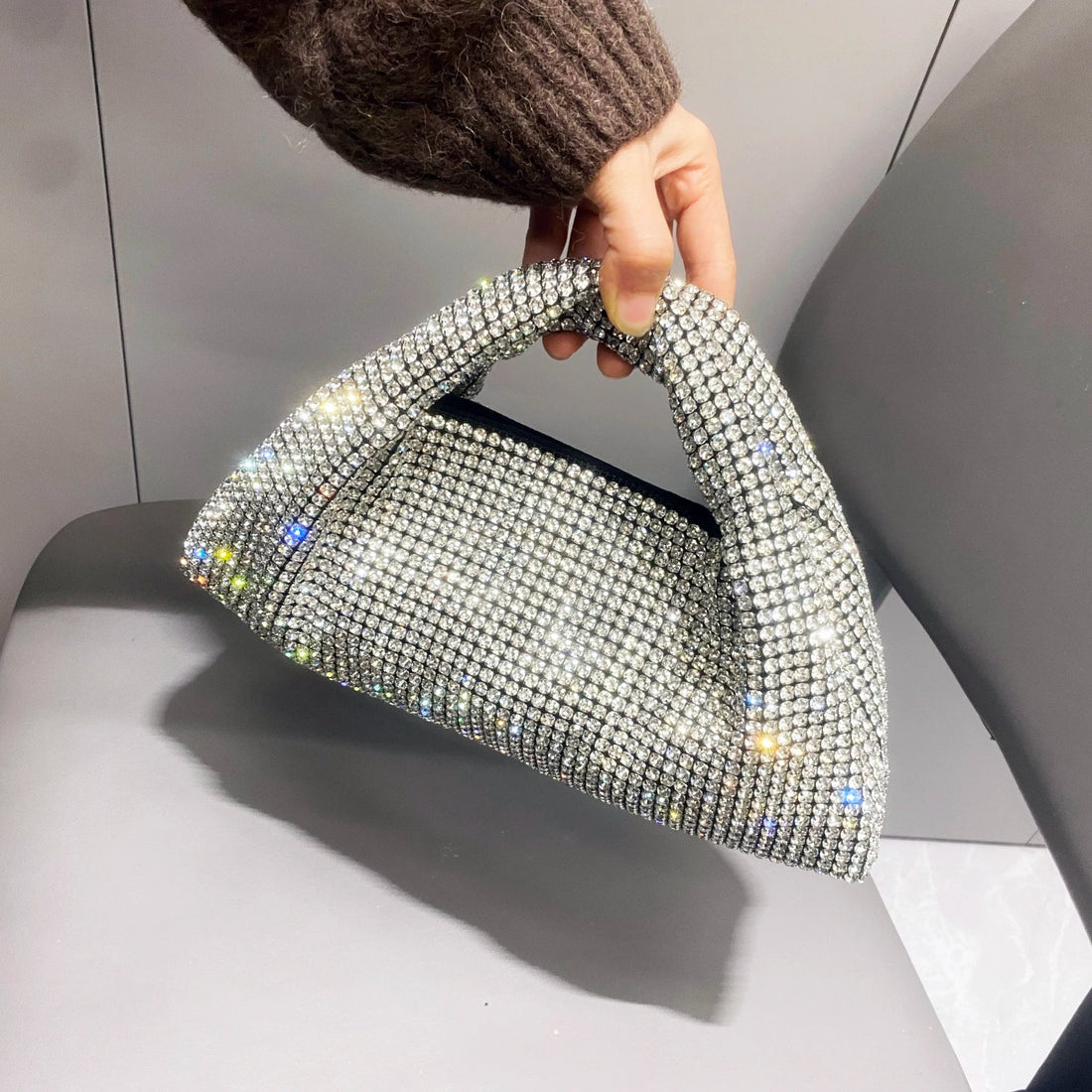 Shiny crystal MC THE BLACK DIAMOND clutch purse with rhinestones, evening handbag with bucket shoulder style, handmade luxury design
