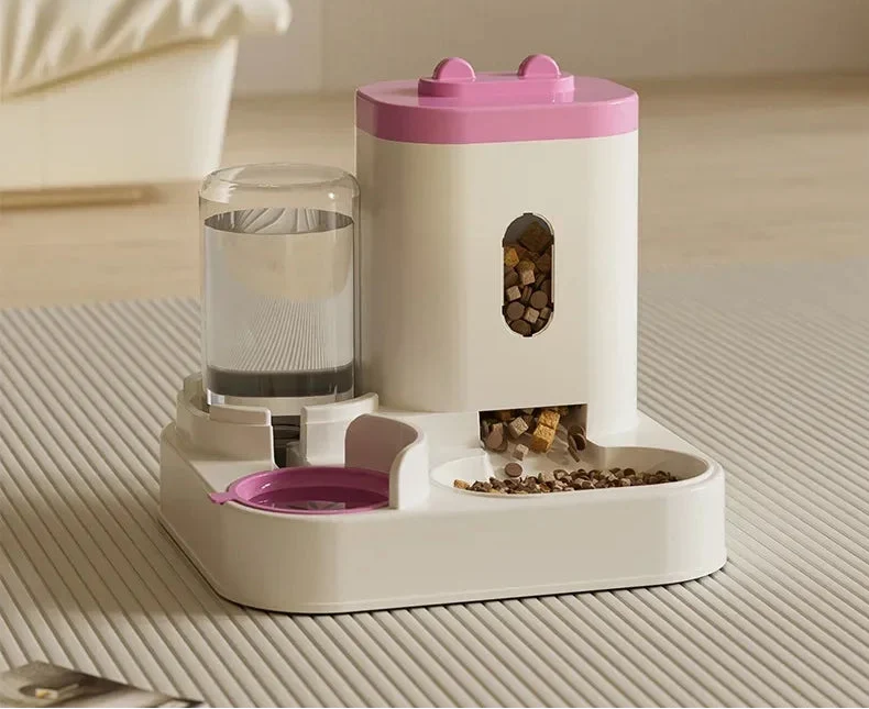 Automatic pet feeder with water fountain from MC THE BLACK DIAMOND, featuring a food bowl and water dispenser for pets.