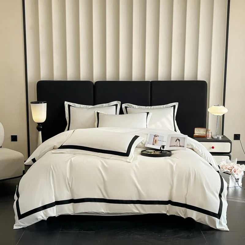 White luxury hotel bedding set with thick brushed bedsheets from MC THE BLACK DIAMOND, showing soft, plush fabric and neatly made bed.