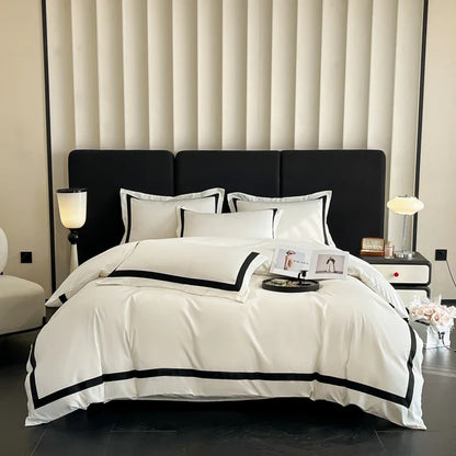 White luxury hotel bedding set with thick brushed bedsheets from MC THE BLACK DIAMOND, showing soft, plush fabric and neatly made bed.