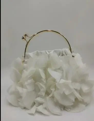 Luxury satin floral bride clutch bag by MC THE BLACK DIAMOND, small evening purse with chain strap and elegant floral design.