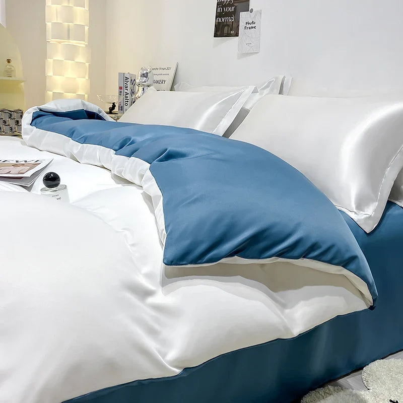 Solid silk bedding set with duvet cover, bedsheet, and pillowcases from 𝕄𝕔 𝕋𝕙𝕖 𝔹𝕝𝕒𝕔𝕜 𝔻𝕚𝕒�