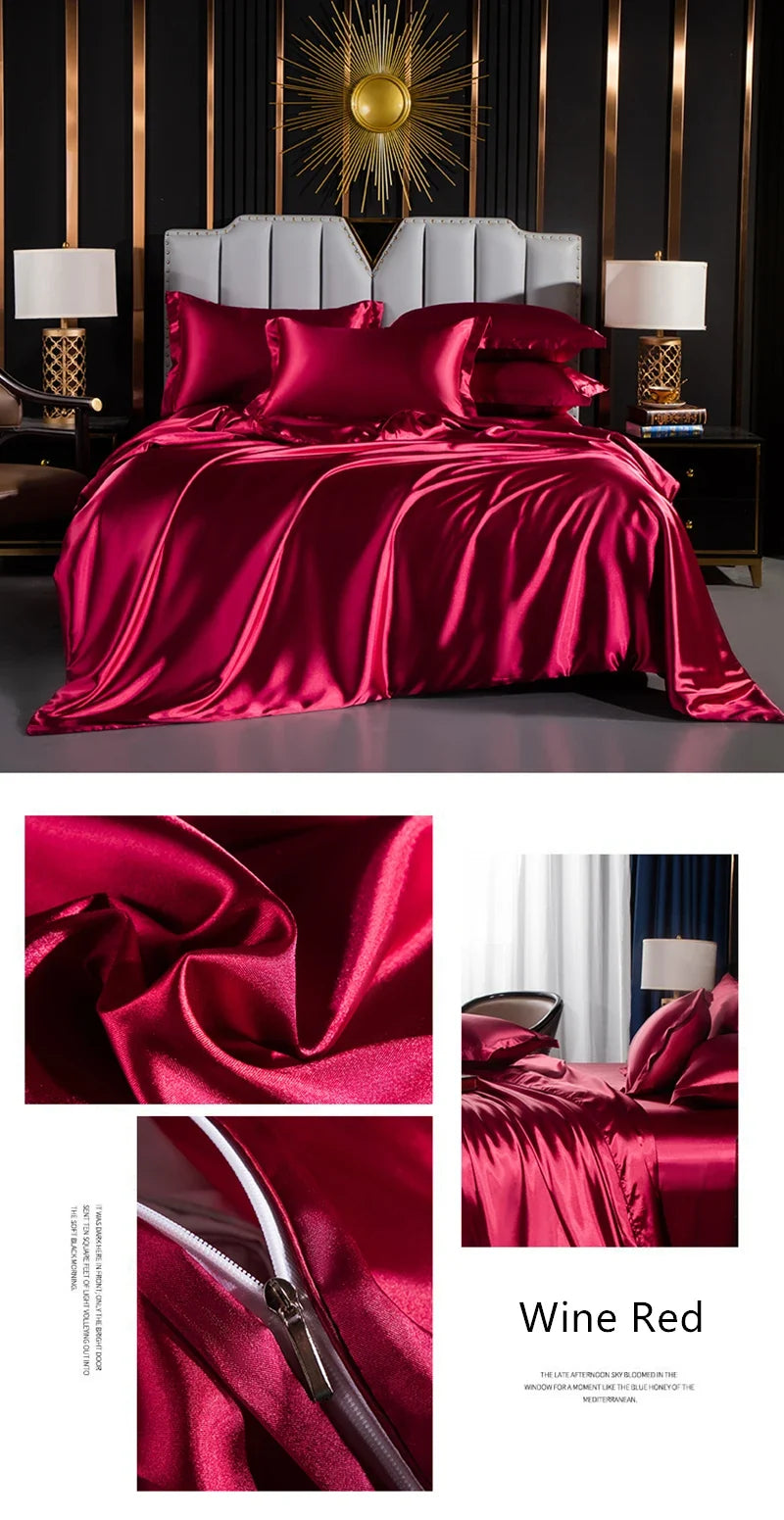 Luxury MC The Black Diamonds solid silk bedding set with duvet cover, fitted sheet, pillowcases, in king and queen sizes.