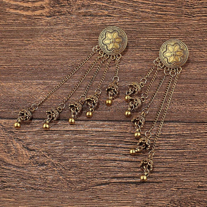 Vintage bohemian bell earrings with tassels, floral design, and Indian-inspired details from 𝕄𝕔 𝕋𝕙𝕖 𝔹𝕝𝕒𝕔𝕜 𝔻𝕚𝕒
