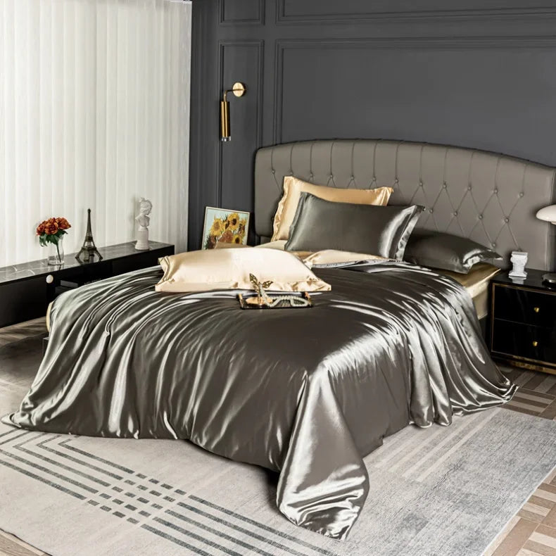 Luxury MC The Black Diamonds satin bedding set with solid color duvet cover in single, double, queen, or king size, soft and silky.