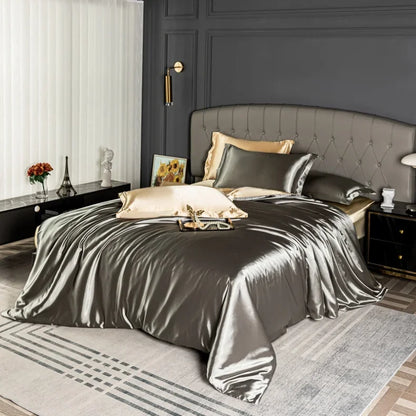 Luxury MC The Black Diamonds satin bedding set with solid color duvet cover in single, double, queen, or king size, soft and silky.