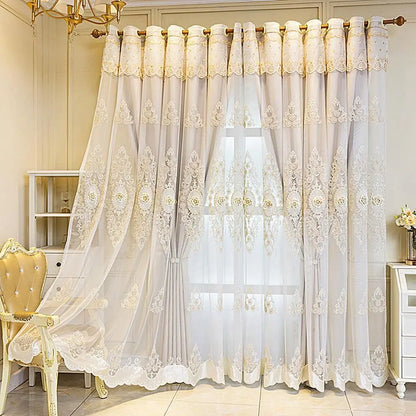 Beige European 3D embroidered double layer curtains with valance, suitable for living rooms and bedrooms, by MC THE BLACK DIAMOND.