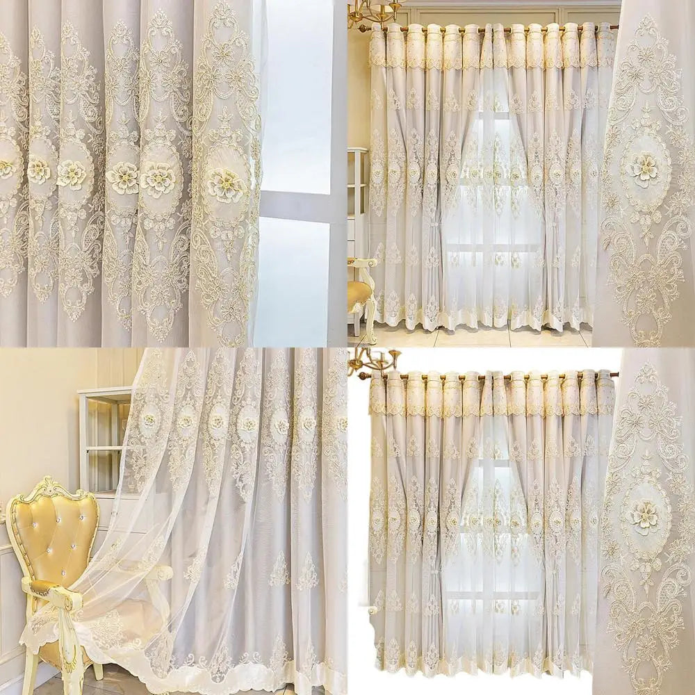 Beige European 3D embroidered double layer curtains with valance for living room or bedroom, 51x84 inches, by MC THE BLACK DIAMOND