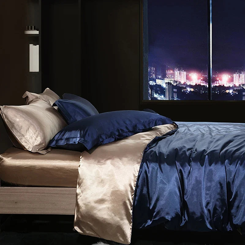 Luxury satin bedding set with fitted sheet and duvet cover by MC THE BLACK DIAMOND, showcasing smooth, elegant home decor in a bedroom.