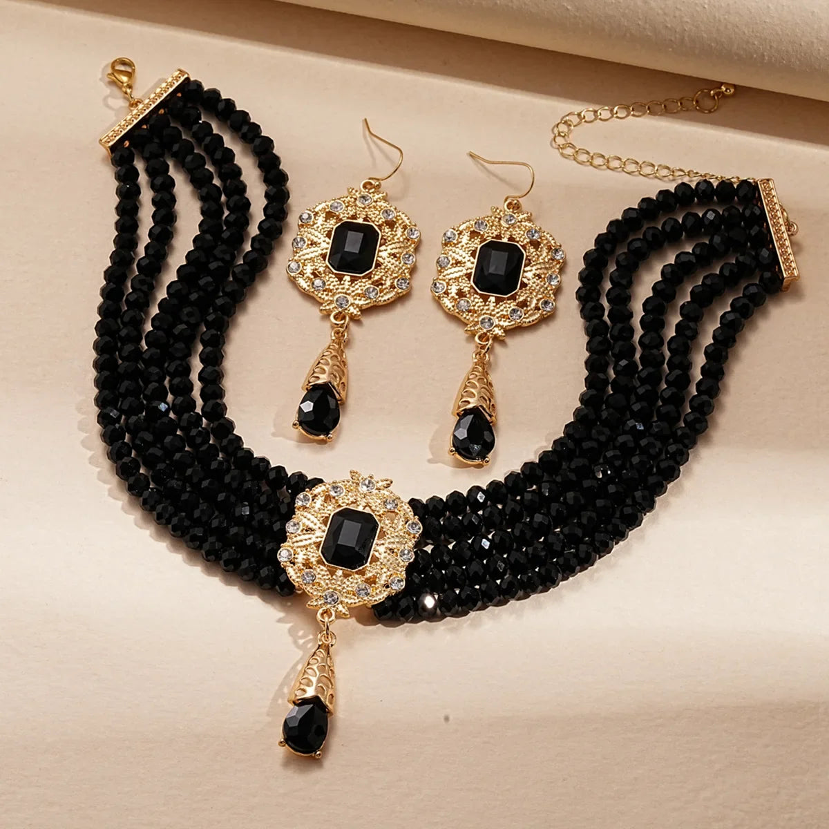 Vintage MC THE BLACK DIAMOND crystal multilevel green, red, blue, black geometric necklace with hollow alloy earrings for women.