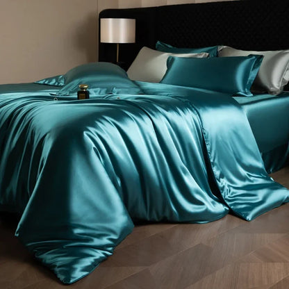 Luxury silk bed sheets set with duvet cover, fitted and flat sheets, and pillowcases from 𝕄𝕔 𝕋𝕙𝕖 𝔹𝕝𝕒𝕔𝕜 𝔻𝕚�