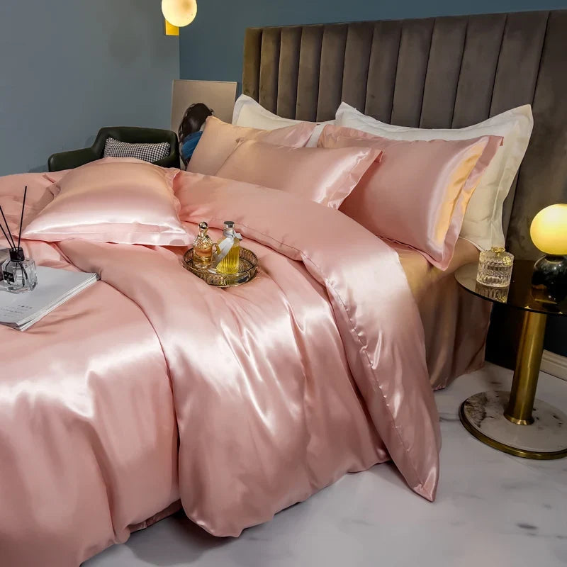 Luxury solid silk bedding set with duvet cover, bedsheet, and rayon satin pillowcases by 𝕄𝕔 𝕋𝕙𝕖 𝔹𝕝𝕒𝕔𝕜 𝔻𝕚�