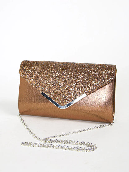 Women evening envelope handbag with sequins, chain shoulder strap, and clutch design, perfect for parties and special occasions.