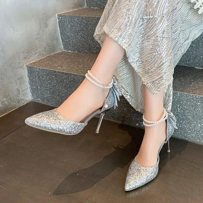 Elegant French pointy high heels by Mohammad Collection featuring sequin bows, pearl accents, and a shallow mouth design.