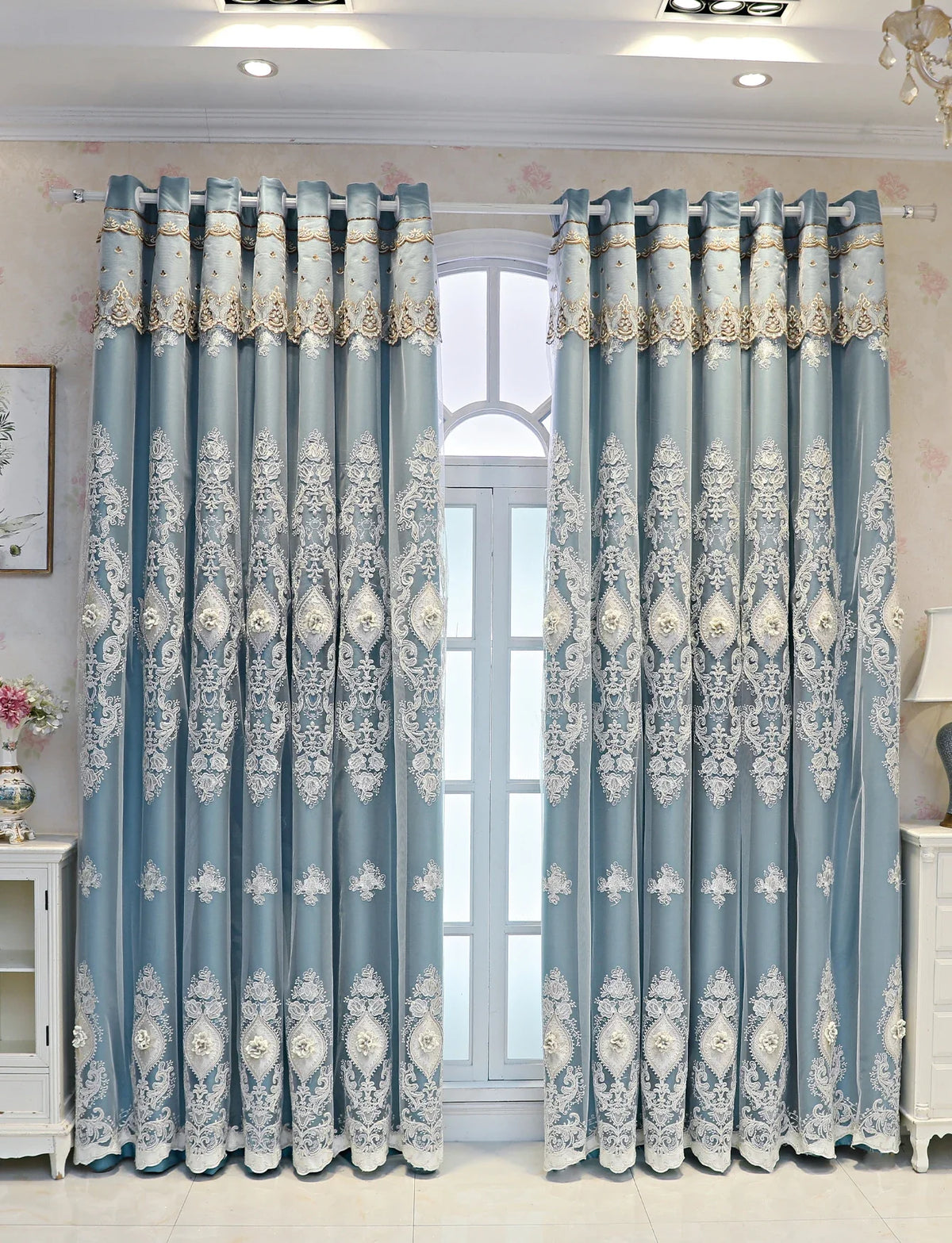 Luxury vintage-style embroidered curtains from MC The Black Diamond, showcasing intricate embroidery and elegant drapery.