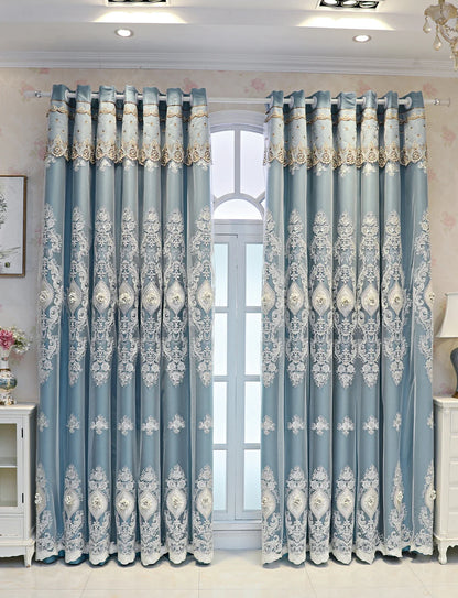 Luxury vintage-style embroidered curtains from MC The Black Diamond, showcasing intricate embroidery and elegant drapery.