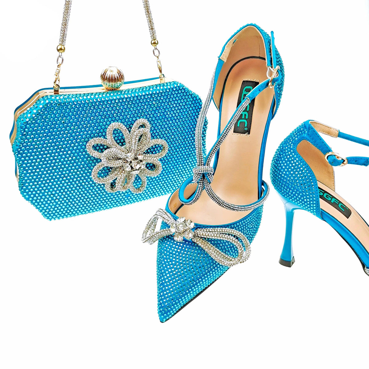 MC THE BLACK DIAMOND purple rhinestone high heels and matching bags set for women, featuring pointed toe and elegant full upper design.