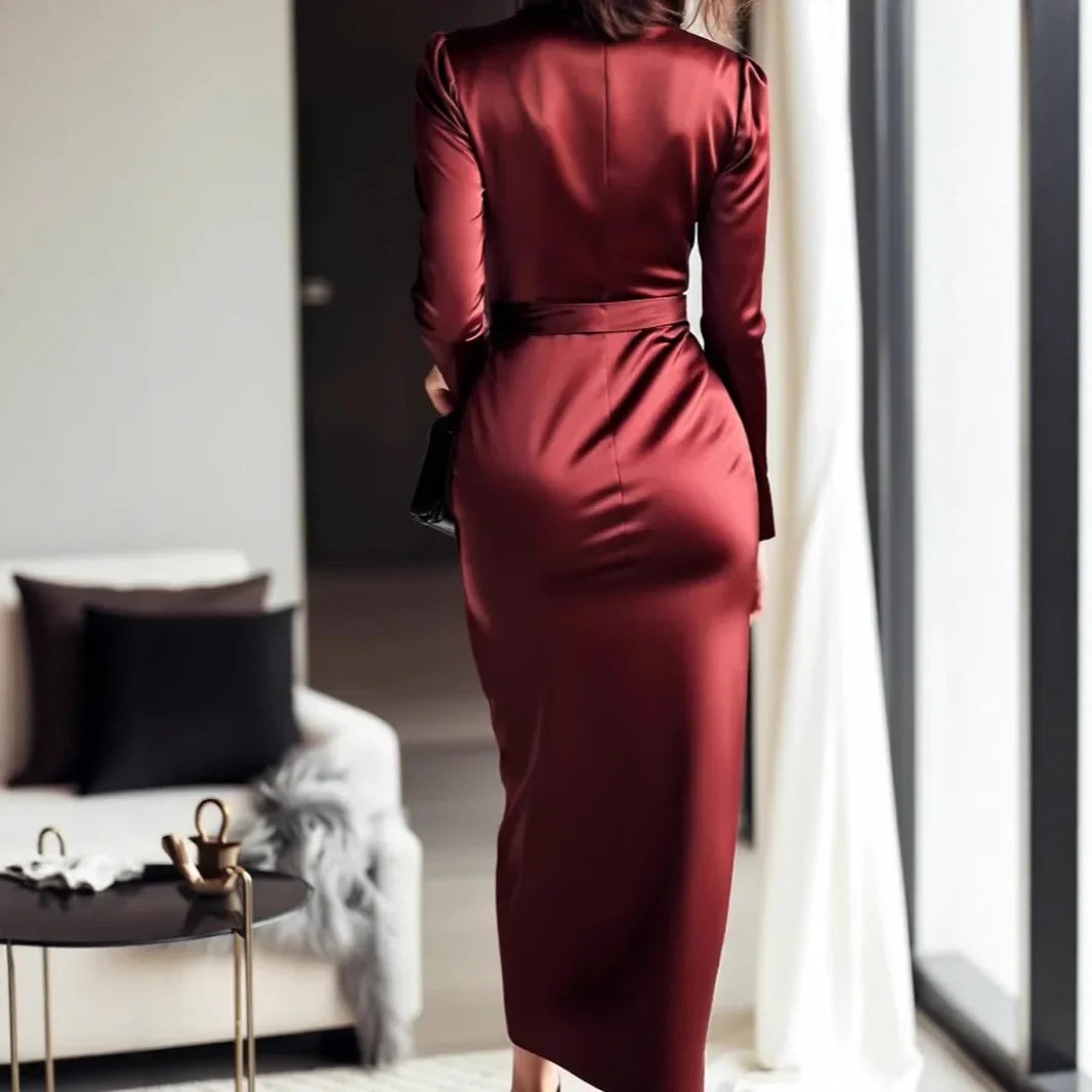 Long sleeve V-neck gown with waist belt, ankle-length dress by 𝕄𝕔 𝕋𝕙𝕖 𝔹𝕝𝕒𝕔𝕜 𝔻𝕚𝕒𝕞�