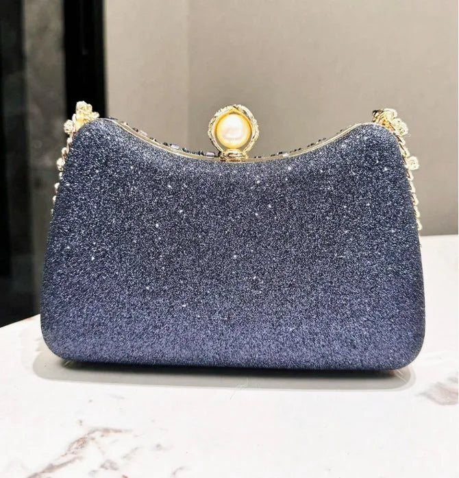 MC THE BLACK DIAMOND rhinestone diamond inlay evening clutch bag with gold, silver, and blue accents, perfect for weddings and parties.