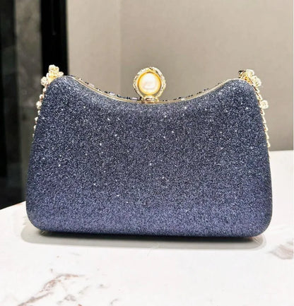 MC THE BLACK DIAMOND rhinestone diamond inlay evening clutch bag with gold, silver, and blue accents, perfect for weddings and parties.