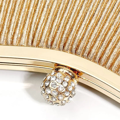 Gold MC THE BLACK DIAMOND pleated evening clutch handbag with diamond accents, top handle, perfect for wedding and party occasions.