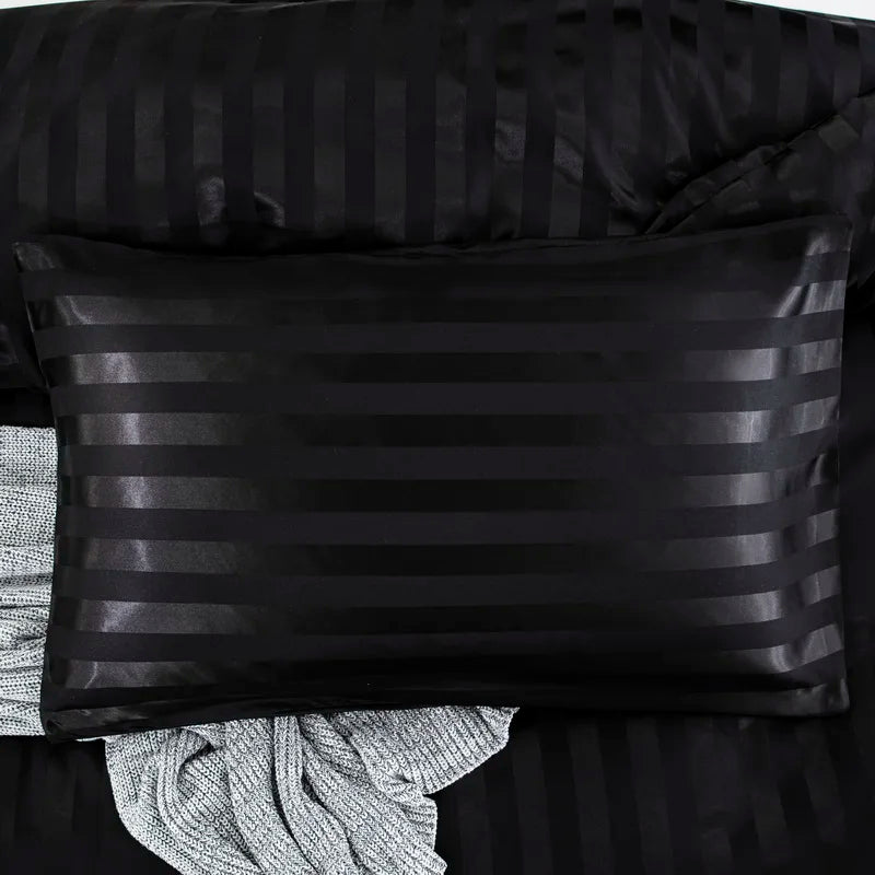 Luxury satin striped duvet cover set in ivory white, featuring silky soft fabric, available in full, queen, king, single, and double sizes.