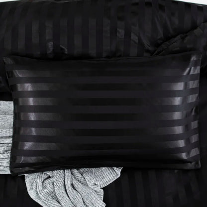 Luxury satin striped duvet cover set in ivory white, featuring silky soft fabric, available in full, queen, king, single, and double sizes.