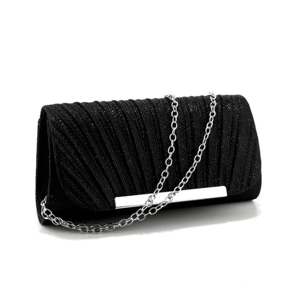 Metallic black women’s evening clutch bag with ruched sequined envelope design, perfect for parties and weddings.