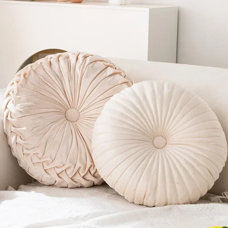 Pink Nordic Pumpkin round pillow by MC THE BLACK DIAMOND, soft seat cushion and waist pillow for sofa or living room decor.
