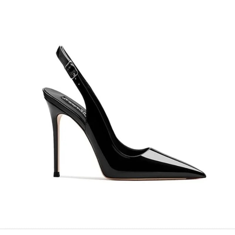 Elegant black patent leather heel sandals with pointed tips and strappy design, perfect for summer parties by MC THE BLACK DIAMOND.