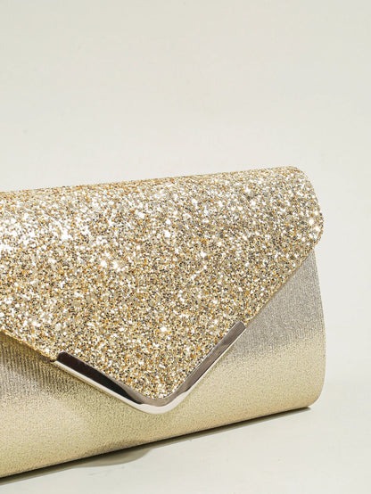 Women evening envelope handbag with sequins, chain shoulder strap, and clutch style for party and prom events.