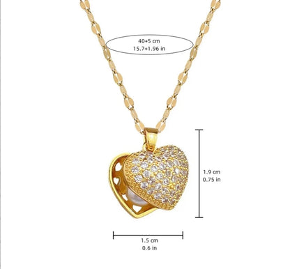 Gold-colored ZAKOL French shell pearl necklace with zircon love heart charm, stainless steel chain, perfect for wedding jewelry.