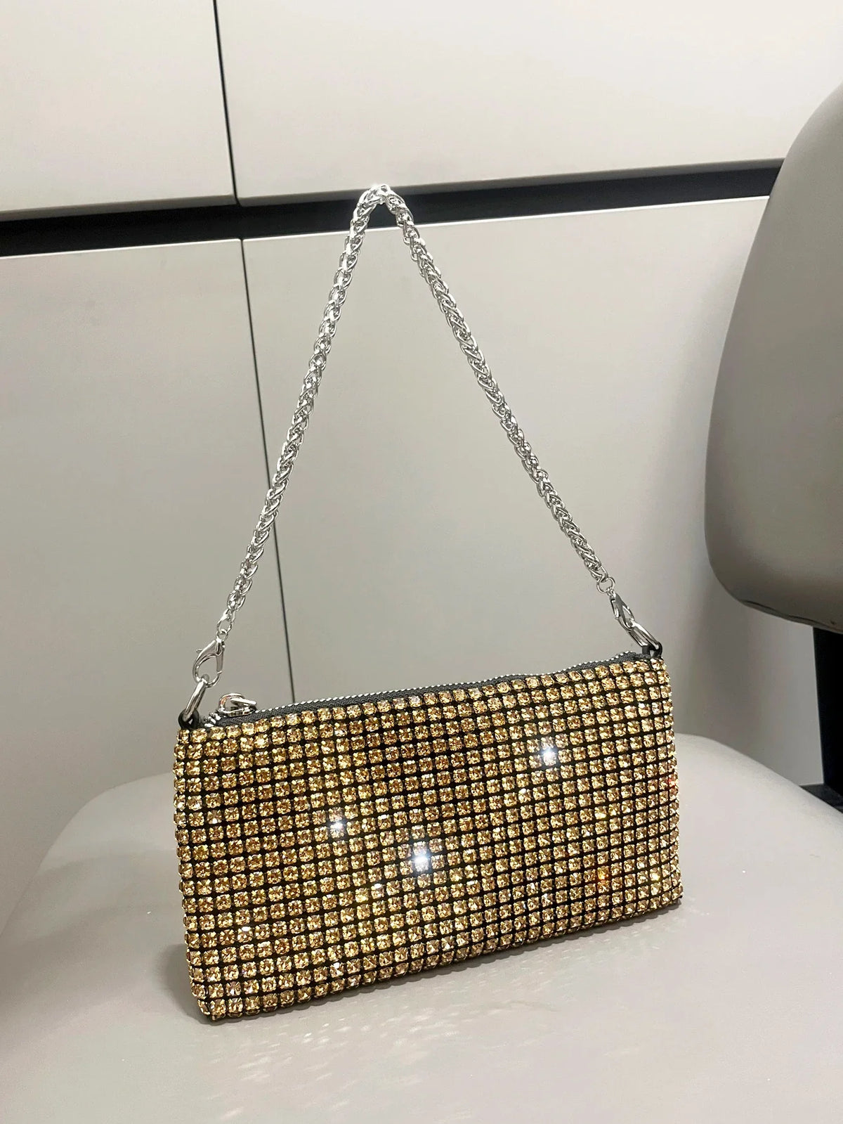 Luxury MC THE BLACK DIAMOND rhinestone clutch purse with handle, designed for women, shoulder bag, elegant and sparkling.