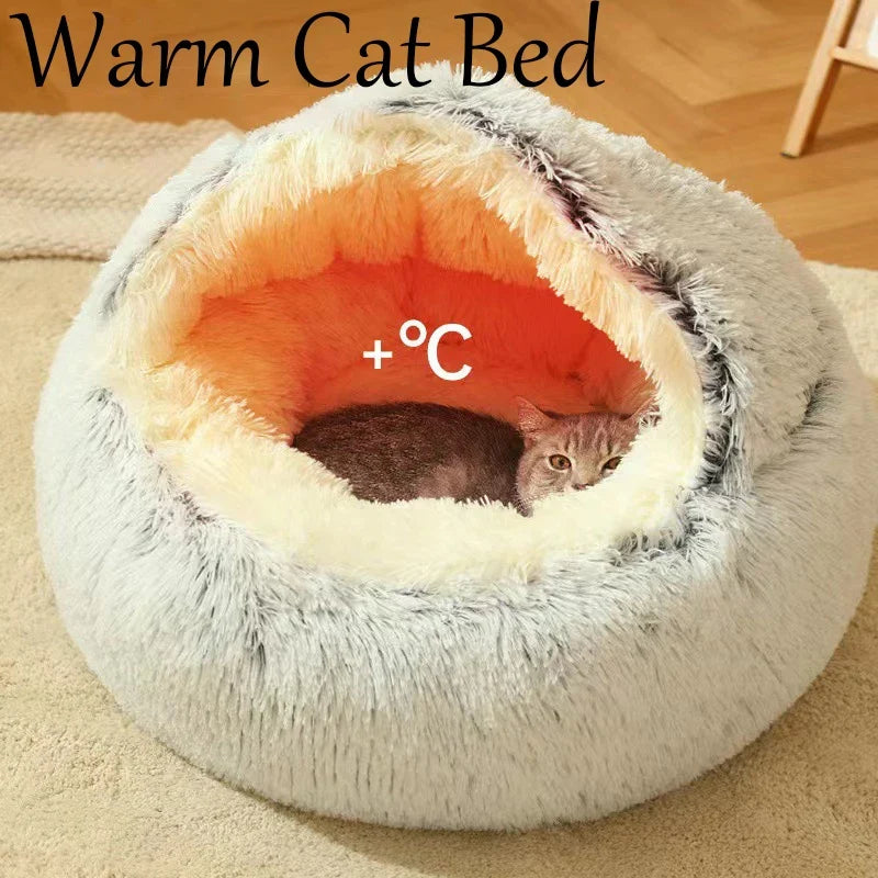 MC THE BLACK DIAMOND plush round cat bed with thick, warm cave design perfect for small cats and kittens to sleep comfortably.
