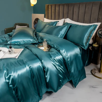 Solid silk bedding set with duvet cover, bedsheet, and rayon satin pillowcases from 𝕄𝕔 𝕋𝕙𝕖 𝔹𝕝𝕒𝕔𝕜 𝔻𝕚𝕒