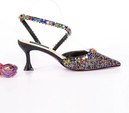 MC THE BLACK DIAMOND royal blue high heels with metallic drill chain decoration and matching bucket bag for elegant fashion occasions
