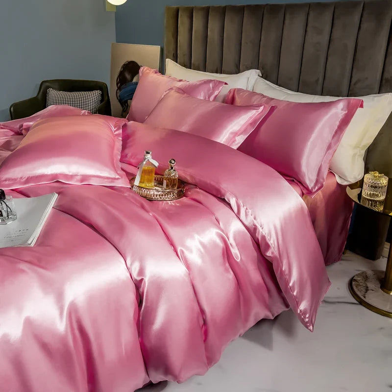 Solid silk bedding set with duvet cover, bedsheet, and rayon satin pillowcases from 𝕄𝕔 𝕋𝕙𝕖 𝔹𝕝𝕒𝕔𝕜 𝔻𝕚𝕒