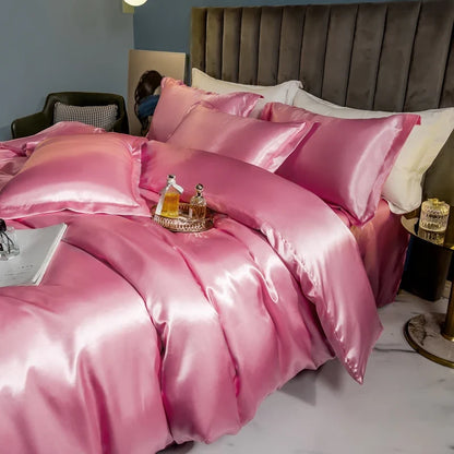 Solid silk bedding set with duvet cover, bedsheet, and rayon satin pillowcases from 𝕄𝕔 𝕋𝕙𝕖 𝔹𝕝𝕒𝕔𝕜 𝔻𝕚𝕒