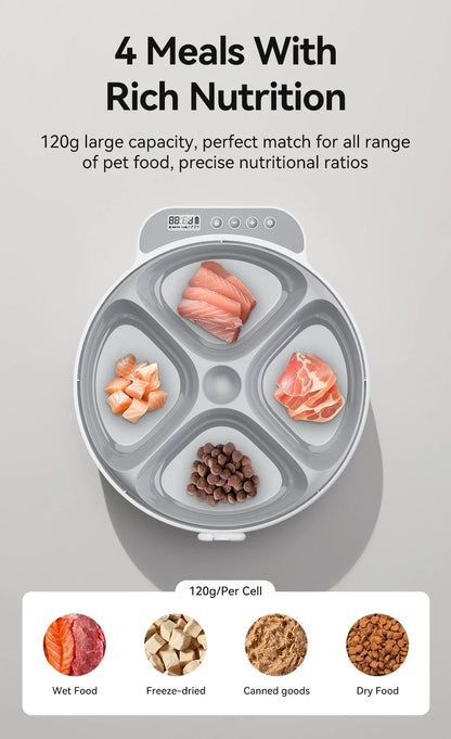 Automatic pet feeder by MC THE BLACK DIAMOND dispensing four meals for cats and dogs, wireless smart kibble dispenser for wet and dry food.