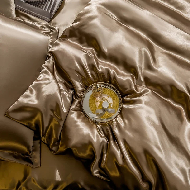 Luxury solid silk bedding set with duvet cover, bedsheet, and pillowcases from 𝕄𝕔 𝕋𝕙𝕖 𝔹𝕝𝕒𝕔𝕜 𝔻𝕚𝕒�