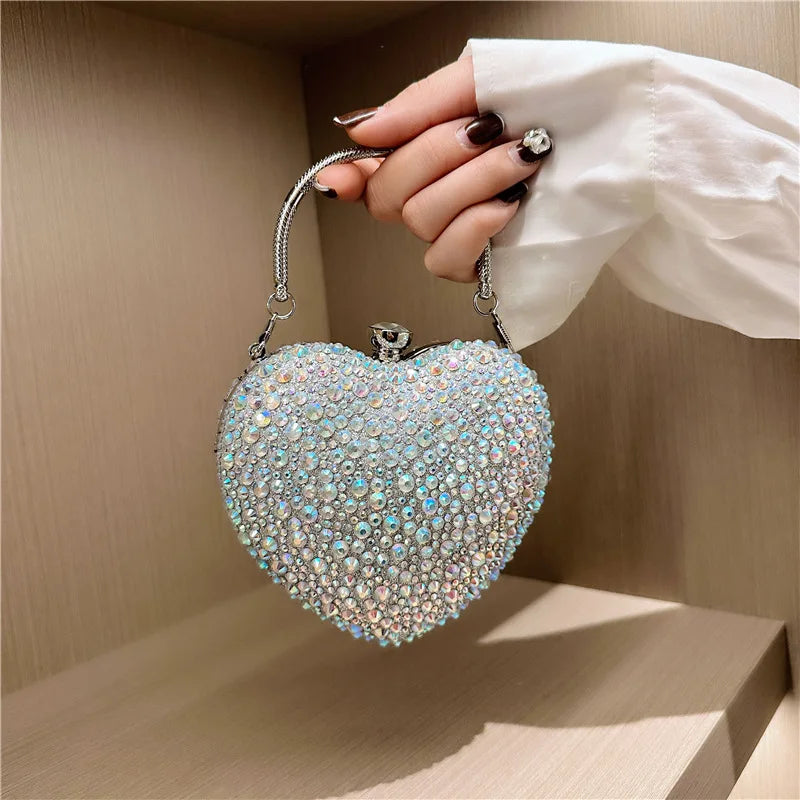 Luxury MC THE BLACK DIAMOND heart-shaped crystal clutch purse with diamond inlay, rhinestones, evening wedding shoulder bag handle.