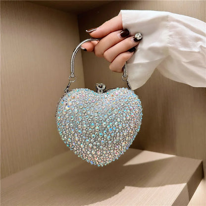 Luxury MC THE BLACK DIAMOND heart-shaped crystal clutch purse with diamond inlay, rhinestones, evening wedding shoulder bag handle.