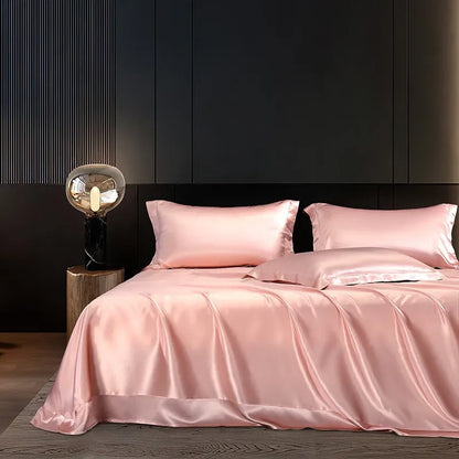 Solid black silk bedding set with duvet cover, fitted sheet, pillowcases, and bedspreads from 𝕄𝕔 𝕋𝕙𝕖 𝔹𝕝𝕒𝕔𝕜 𝔻𝕚