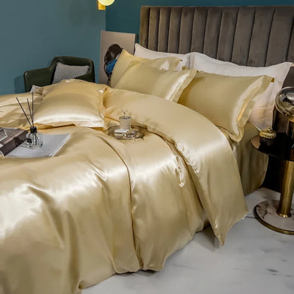 Solid silk bedding set with duvet cover, bedsheet, and rayon satin pillowcases from 𝕄𝕔 𝕋𝕙𝕖 𝔹𝕝𝕒𝕔𝕜 𝔻𝕚𝕒