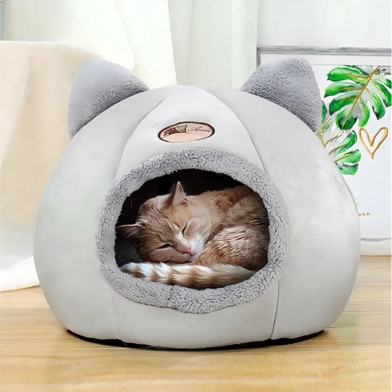 Soft MC THE BLACK DIAMOND cat cave bed for small to large cats, featuring a cozy enclosed design perfect for resting.