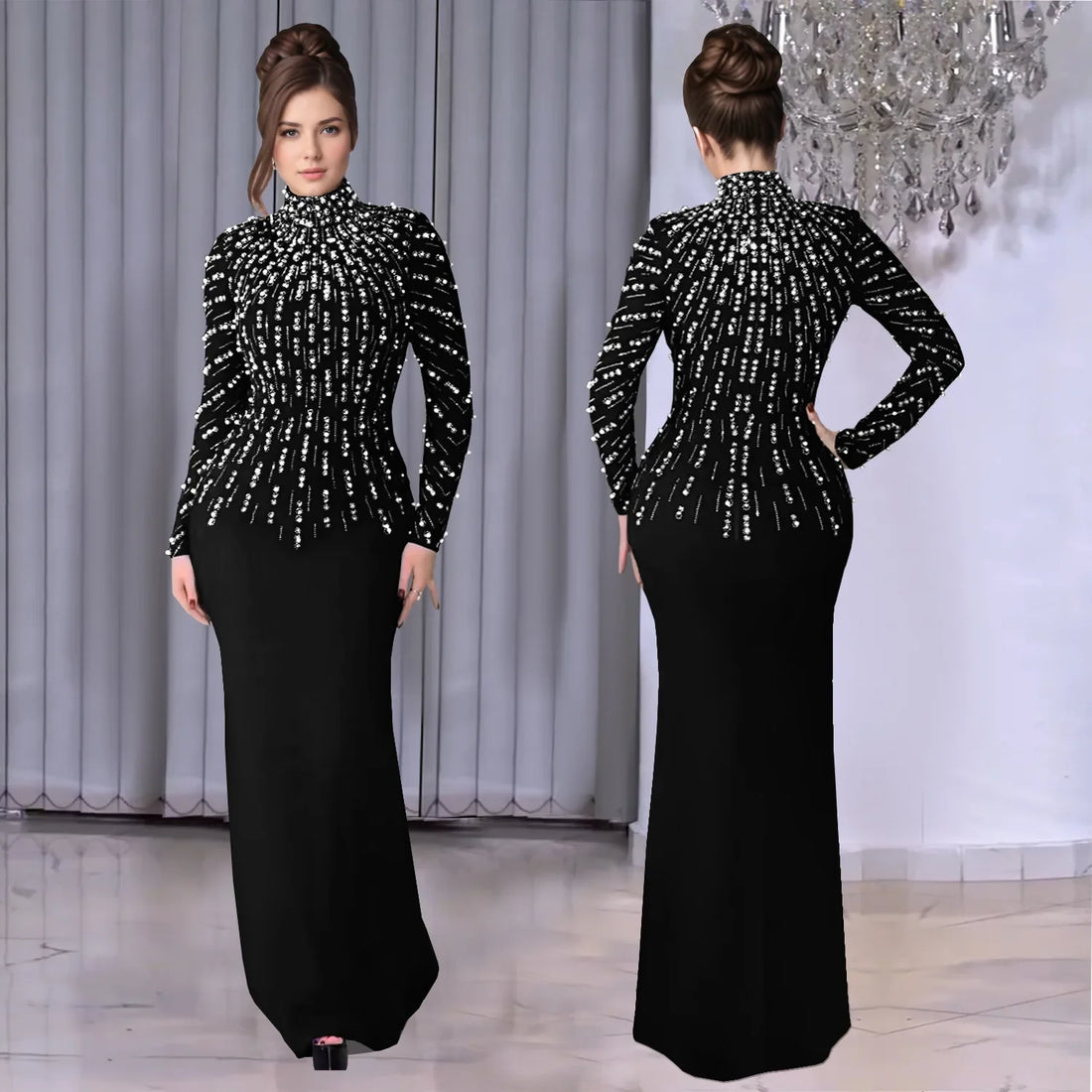 Elegant MC THE BLACK DIAMOND long bodycon dress from the MC Temperament collection, featuring a sleek, fitted silhouette.