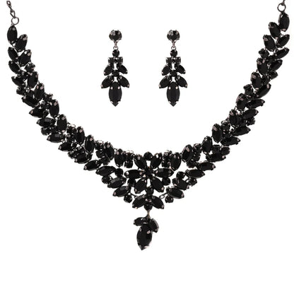 MC THE BLACK DIAMOND black leaves jewelry set with crystal rhinestone necklace and earrings, perfect for bridal or boho wedding style.